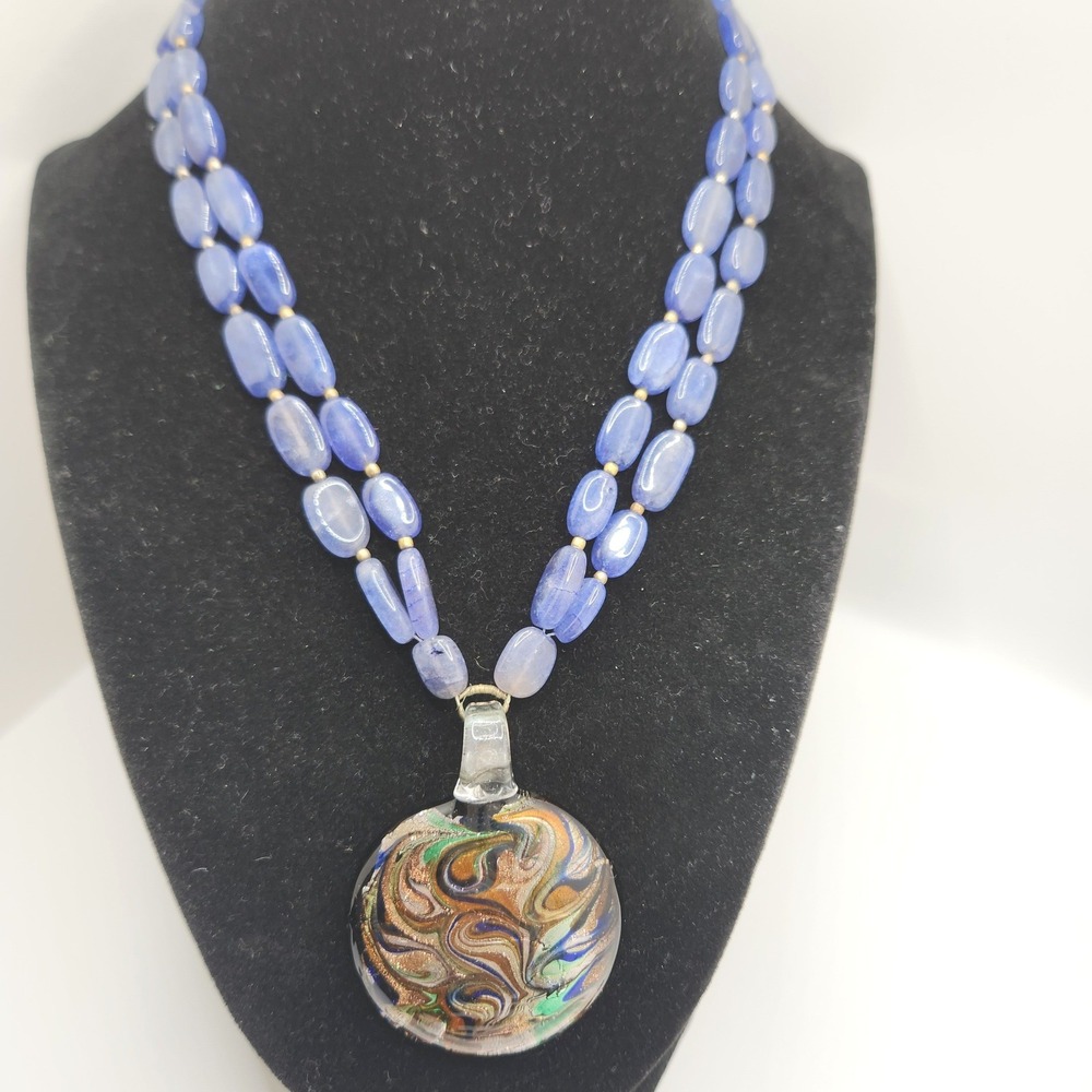 Artisan Fused Glass Pendant Necklace Blue Gemstone Bead Double Strand 16" 2"